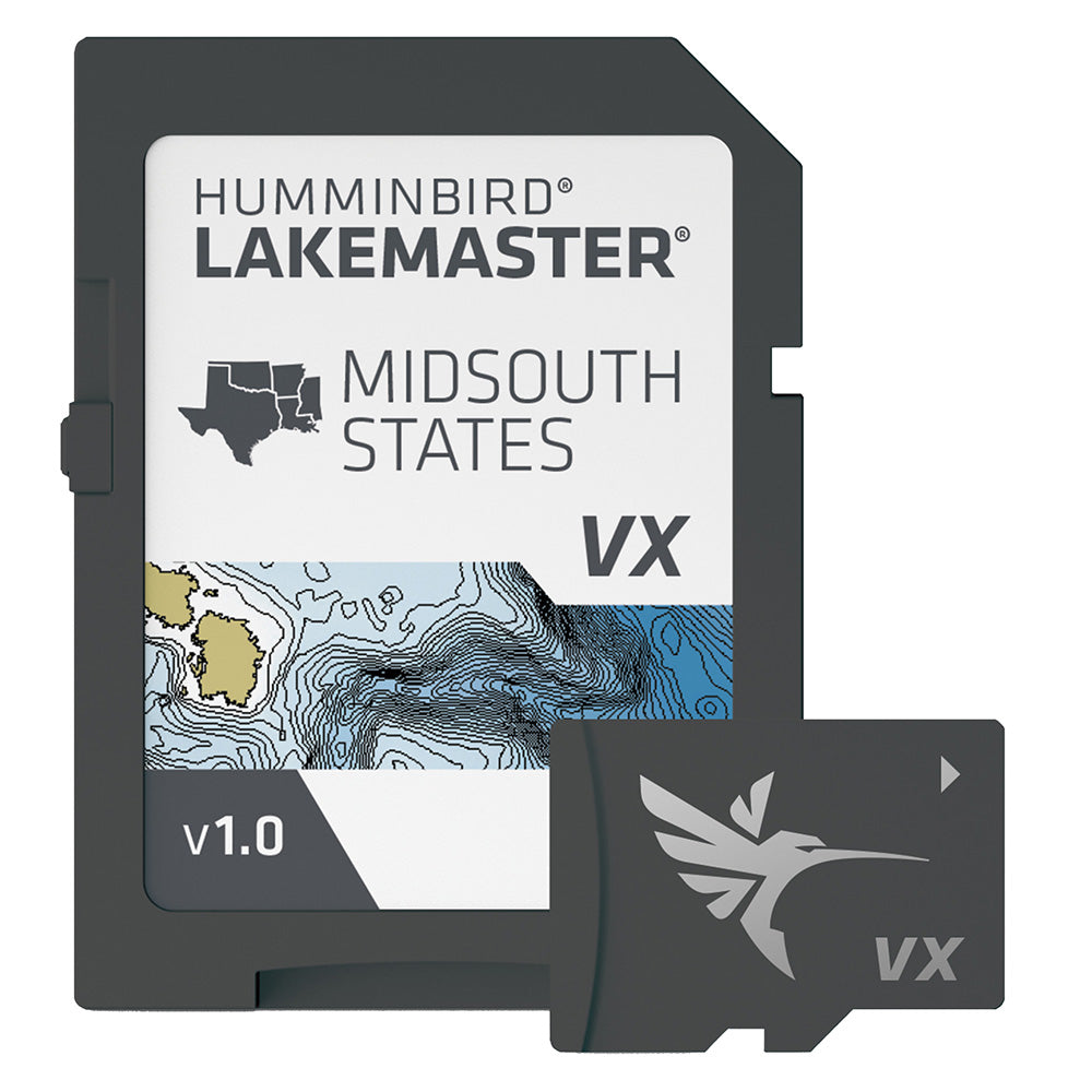 Humminbird LakeMaster VX map for Mid-South States showing detailed lake and waterway navigation features.
