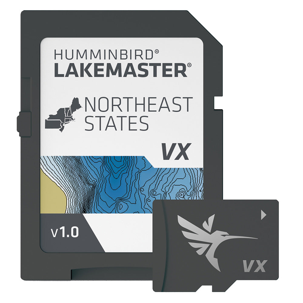 Humminbird LakeMaster VX map for Northeast States, showing detailed lake and shoreline navigation features on a Humminbird fish finder screen.