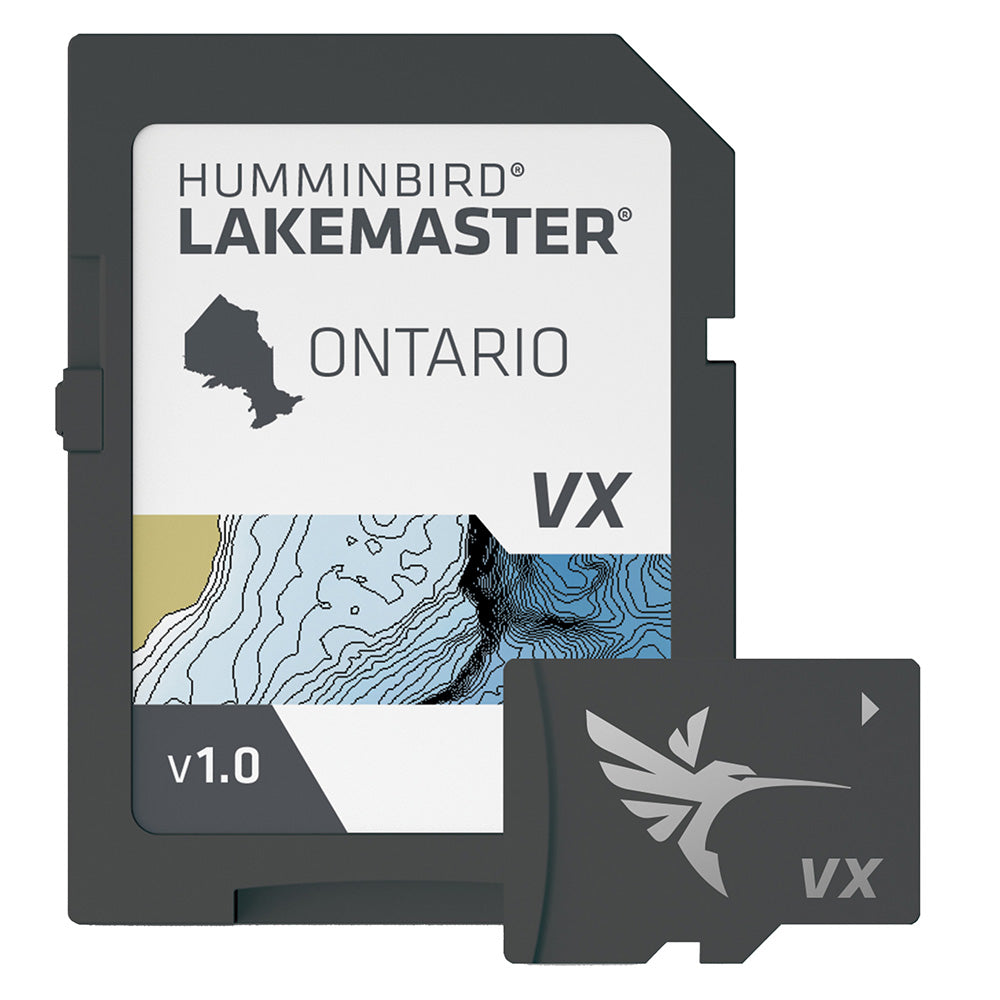Humminbird LakeMaster VX map for Ontario showing detailed lake contours and navigation features on a Humminbird fish finder screen.