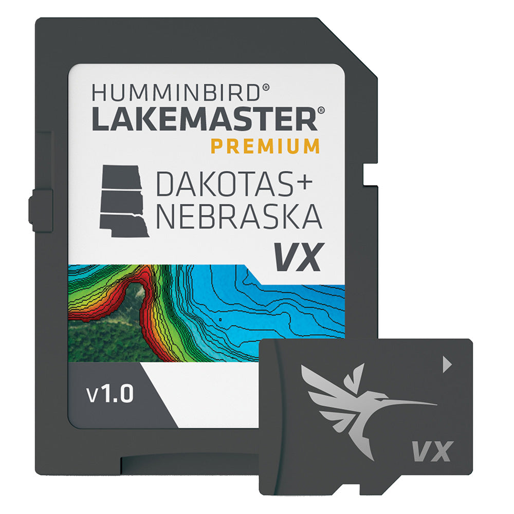 Humminbird LakeMaster VX Premium map for Dakota and Nebraska, showing detailed lake and terrain features on a fish finder screen.