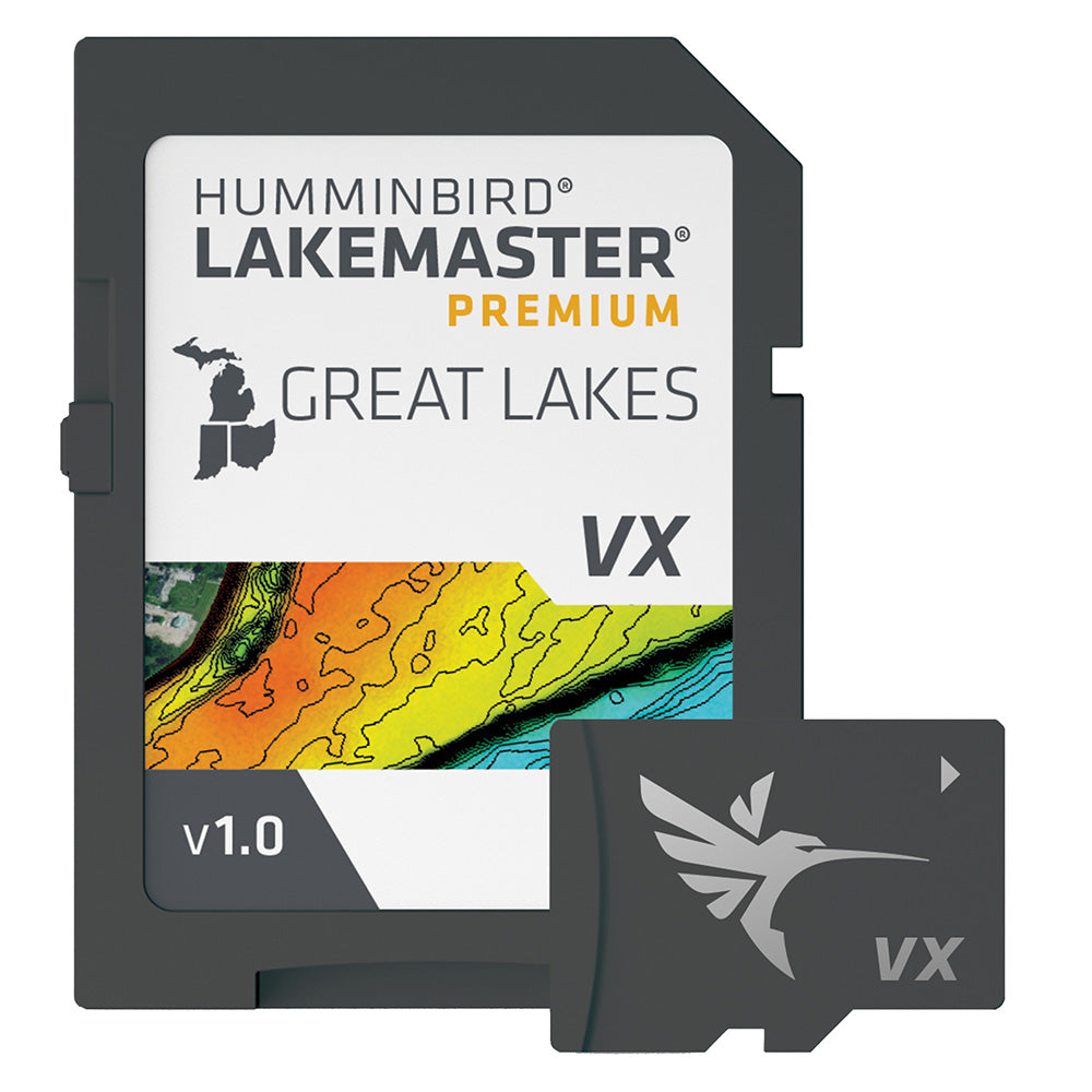 Humminbird LakeMaster VX Premium map for Great Lakes, showing detailed lake contours and navigation features on a Humminbird device.