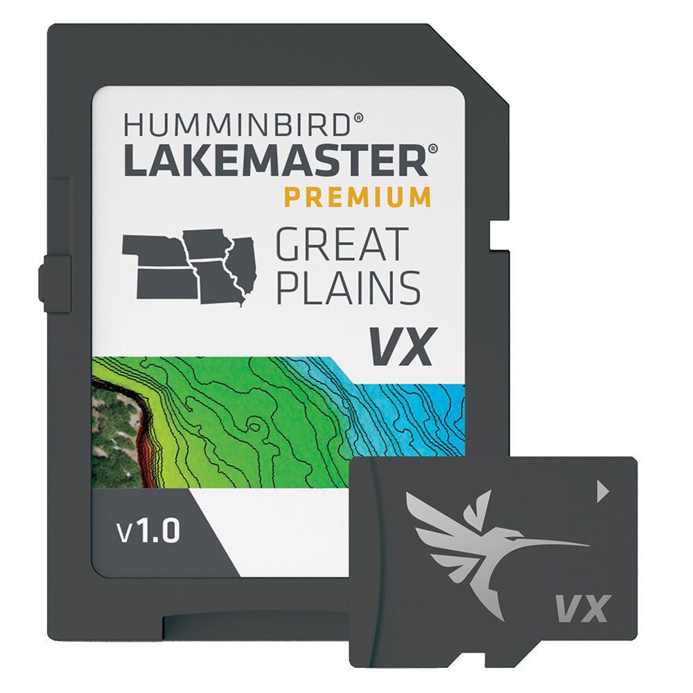 Humminbird LakeMaster VX Premium Great Plains map card for fish finder displays, showcasing detailed lake and region mapping.