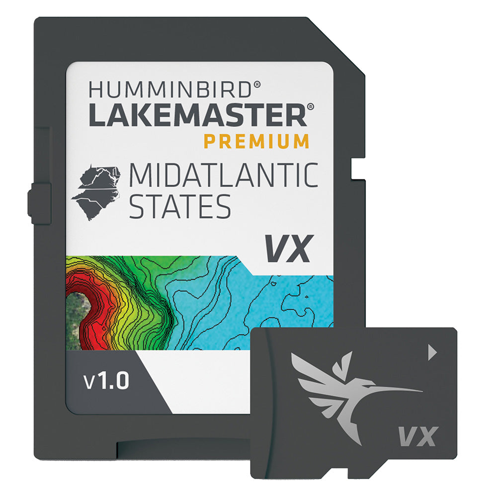 Humminbird LakeMaster VX Premium map for Mid-Atlantic States showing detailed lake and shoreline features on a screen.