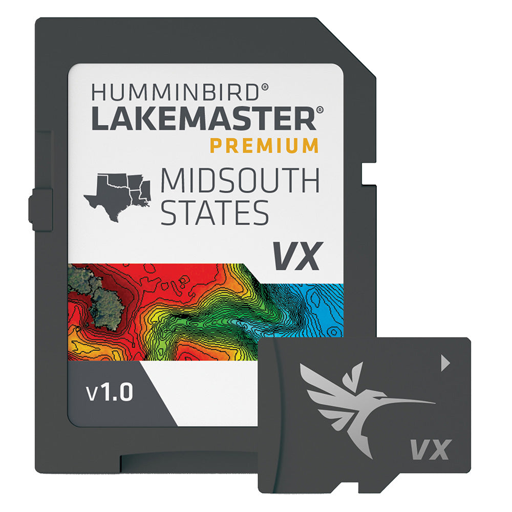 Humminbird LakeMaster VX Premium map for Mid-South States showing detailed lake and waterway navigation charts.
