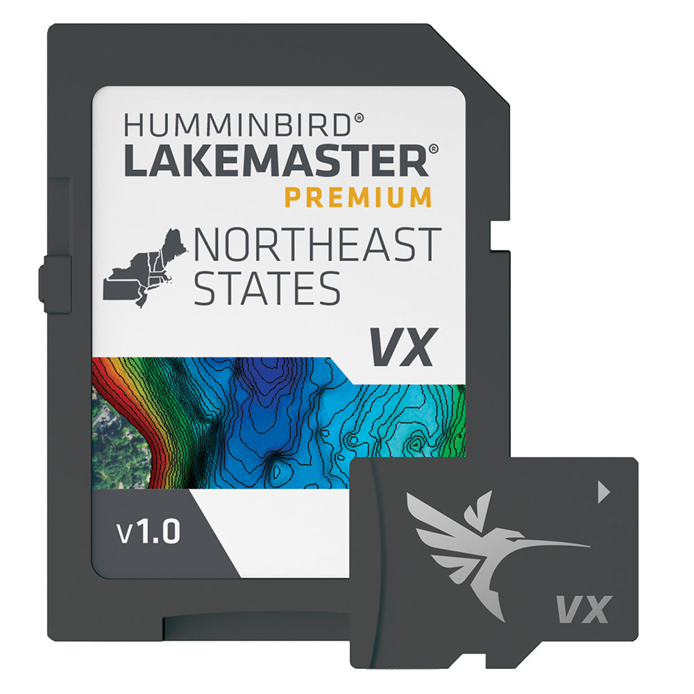 Humminbird LakeMaster VX Premium Northeast map card for fish finder, detailed lake charts and navigation for freshwater fishing.
