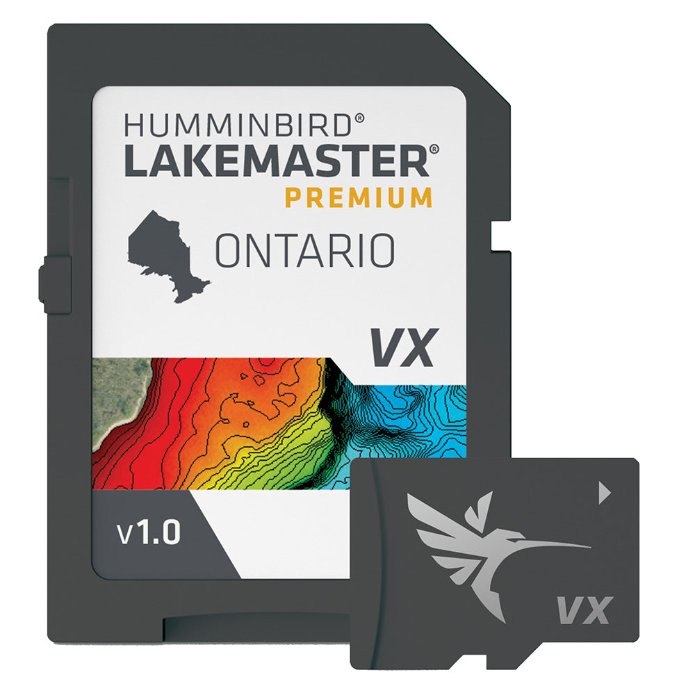 Humminbird LakeMaster VX Premium map for Ontario with detailed lake contours and navigation features for fishing and boating.
