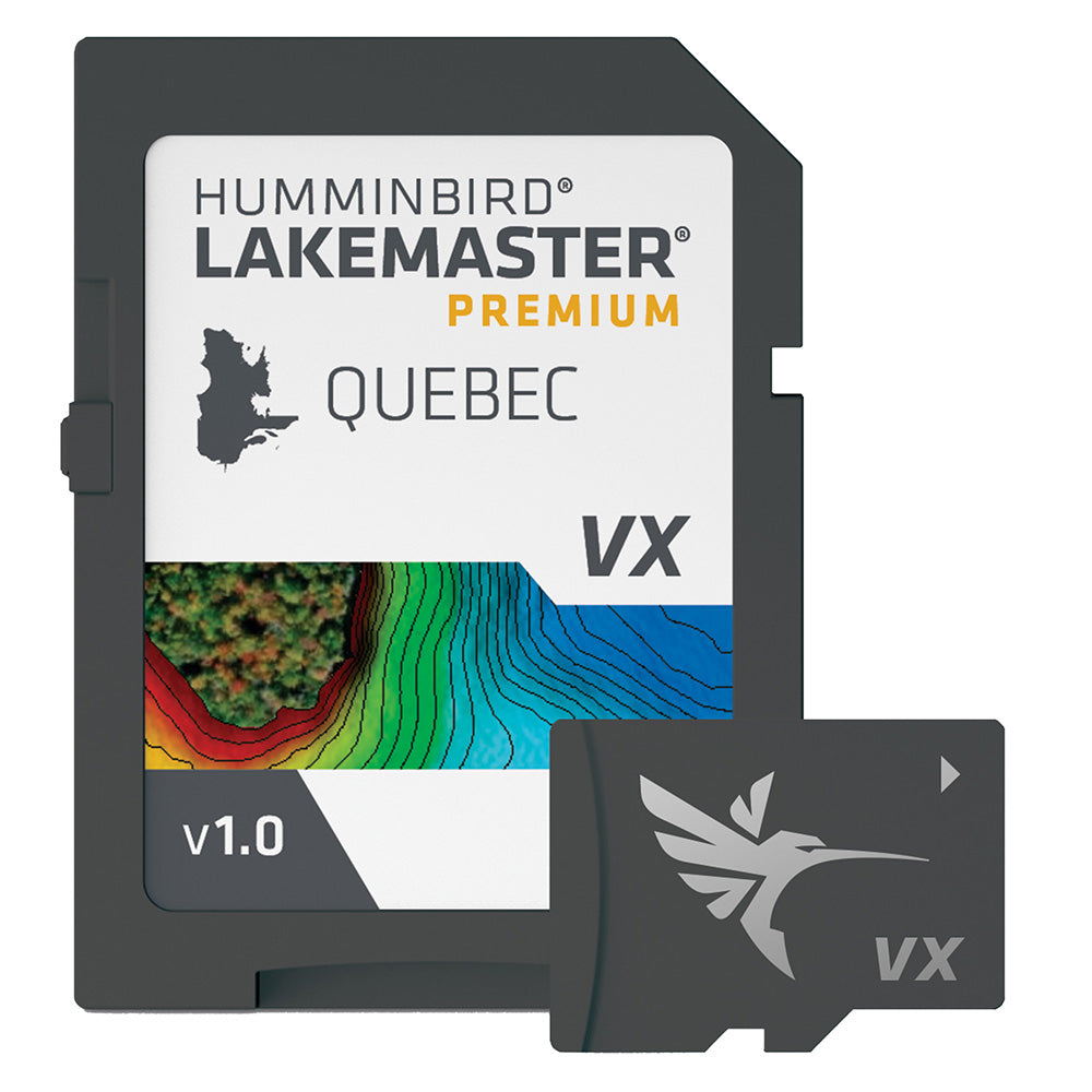 Humminbird LakeMaster VX Premium map for Quebec showing detailed lake and shoreline features on a fish finder screen.