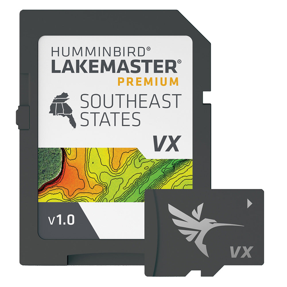 Humminbird LakeMaster VX Premium Southeast map card for fish finders, detailed lake and shoreline data for southeastern waters.