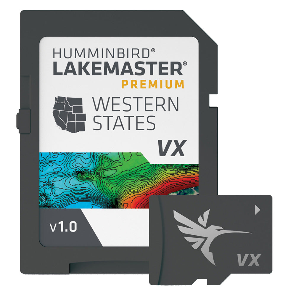 Humminbird LakeMaster VX Premium map for Western States showing detailed lake and waterway features for fishing and navigation.