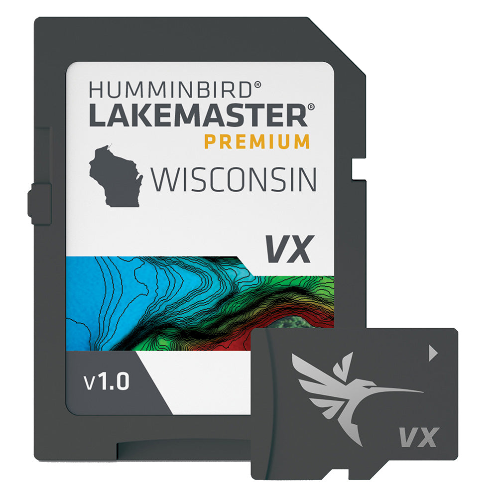 Humminbird LakeMaster VX Premium Wisconsin map card for fish finder displays, showing detailed lake and waterway coverage.