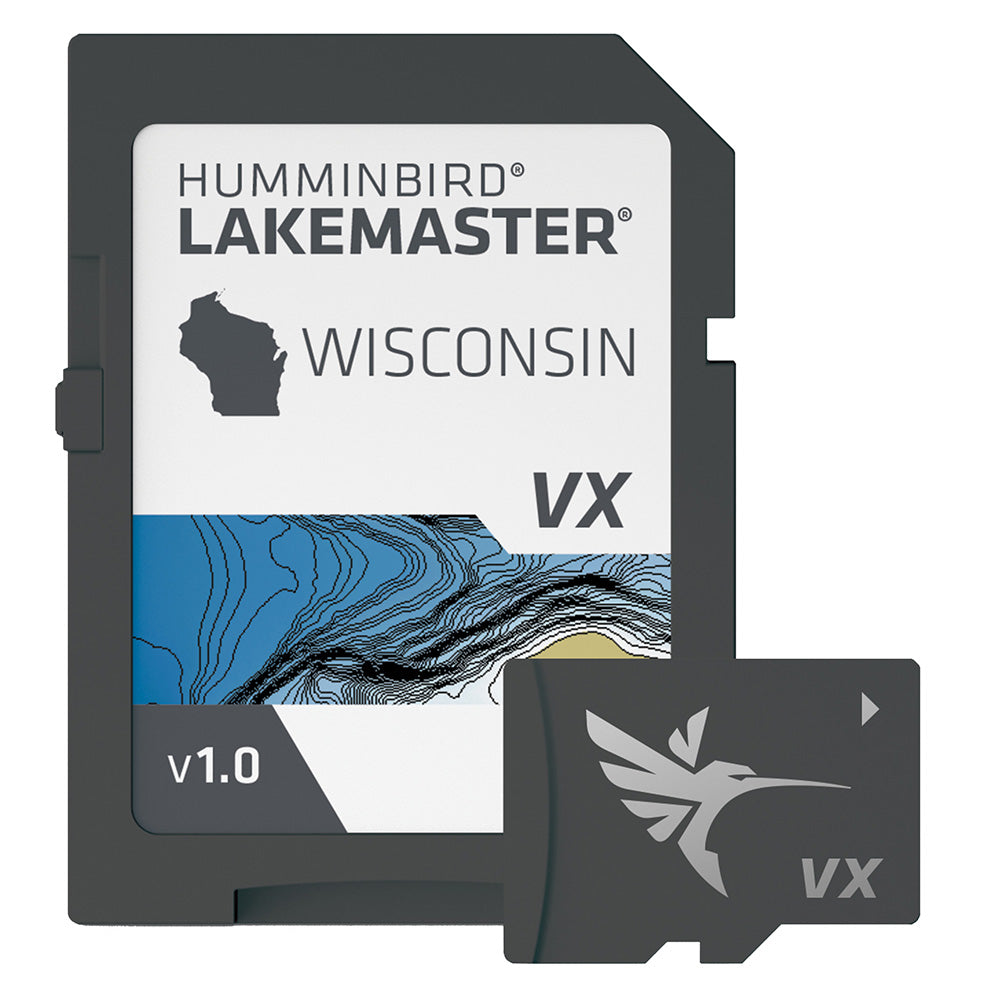 Humminbird LakeMaster VX map for Wisconsin showing detailed lake and shoreline features on a Humminbird fish finder screen.