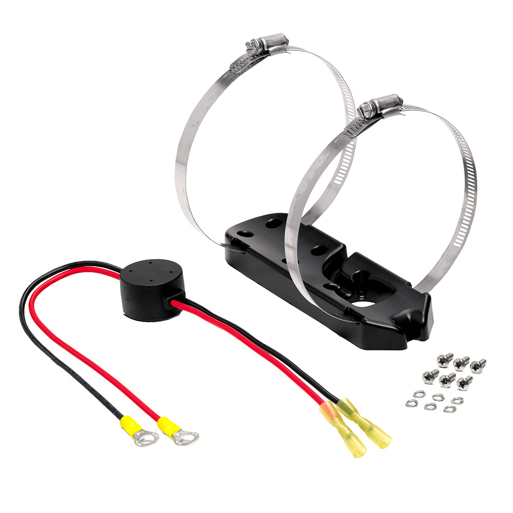 Humminbird MEGA DI+ trolling motor transducer adapter bracket shown installed on a boat motor, compatible with Humminbird transducer accessories.