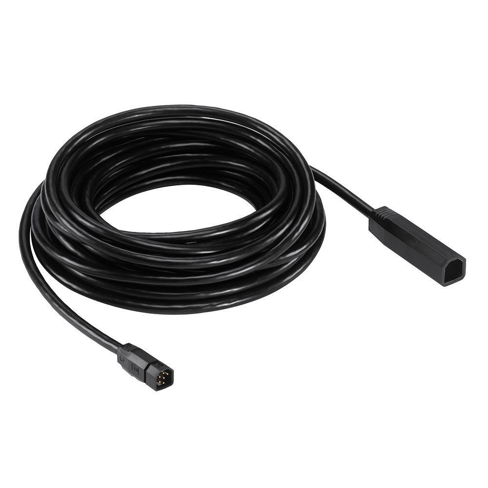 Humminbird EC M30 transducer extension cable for fish finders, 30 feet long, in black with connectors and wiring visible.