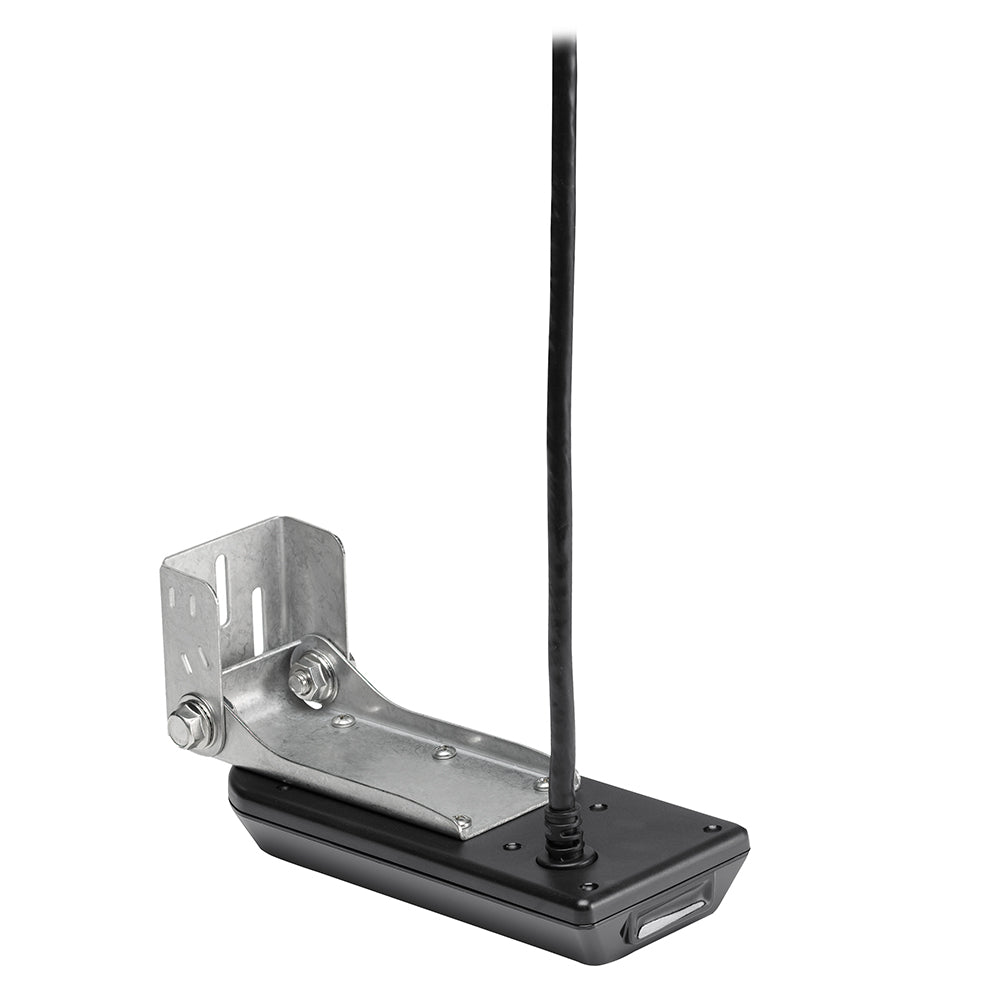 Humminbird XM 9 20 MSI T MEGA transom mount transducer for fish finders, shown mounted on a boat hull.