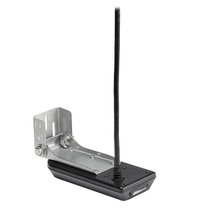 Humminbird XM 9 20 MSI T MEGA transom mount transducer for fish finders, shown mounted on a boat hull.
