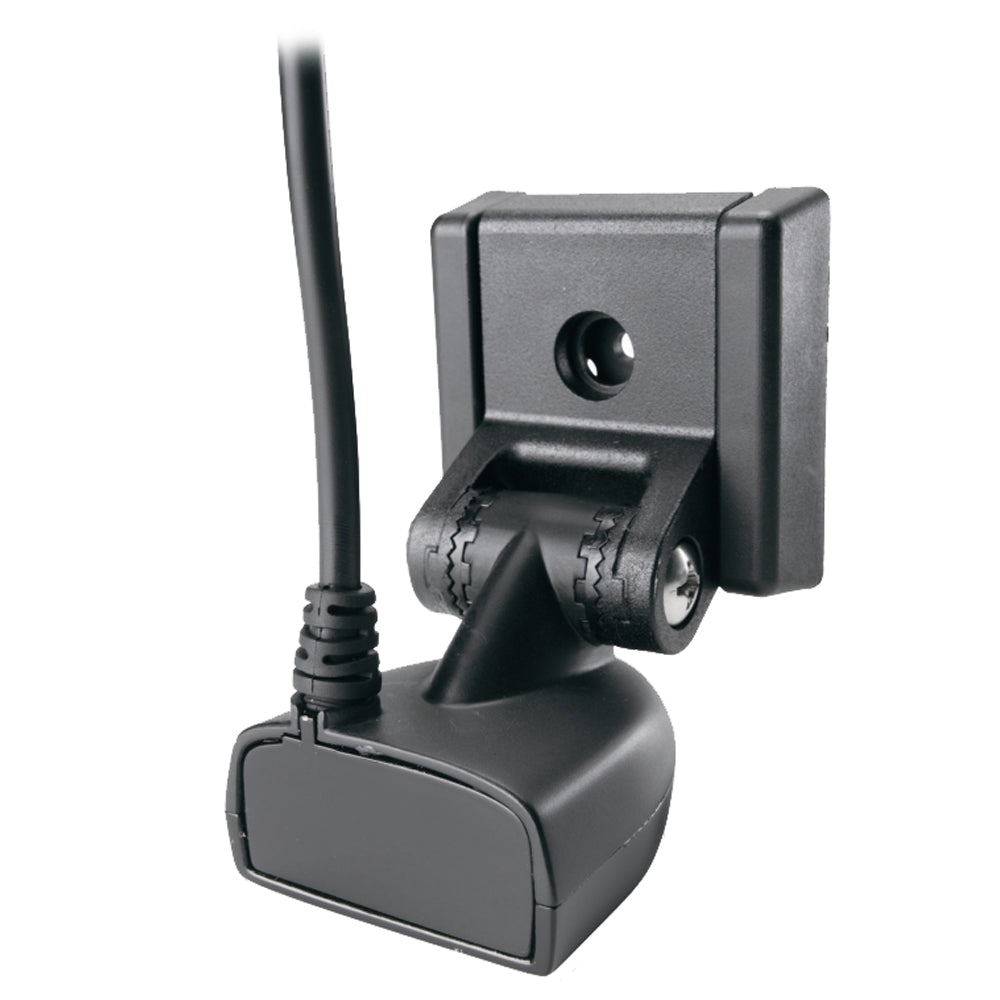 Humminbird XNT-9-28-T transom mount transducer for fish finders, shown attached to boat hull with cable and mounting hardware.