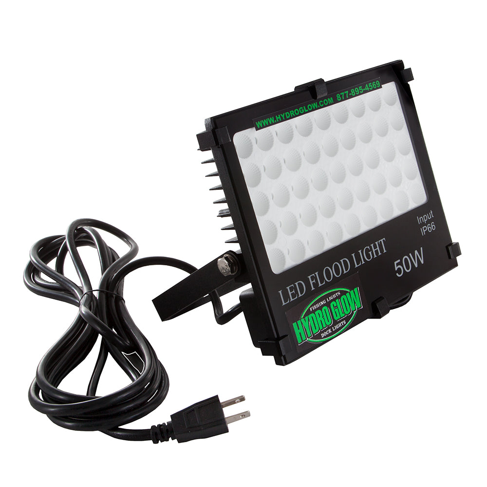 Hydro Glow FL50 50W green flood light, spreader light for outdoor illumination, with a durable metal housing and adjustable mounting bracket.