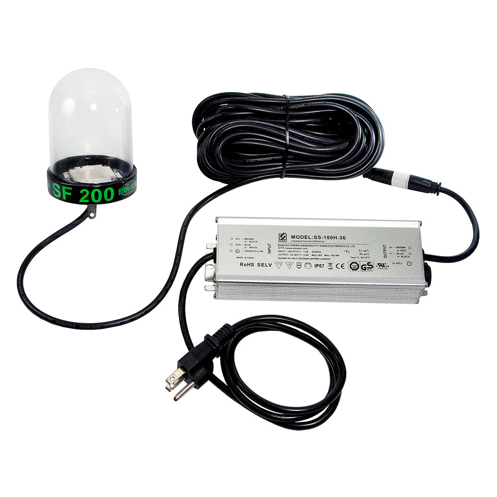 Hydro Glow 200W LED underwater dock light with 50-foot cord in green, designed for underwater lighting and dock illumination.