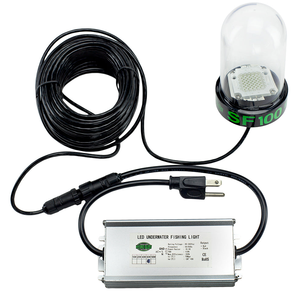 Hydro Glow SF100B underwater dock light in blue, anchored to the bottom, 100W, 120VAC underwater lighting for docks and pools.