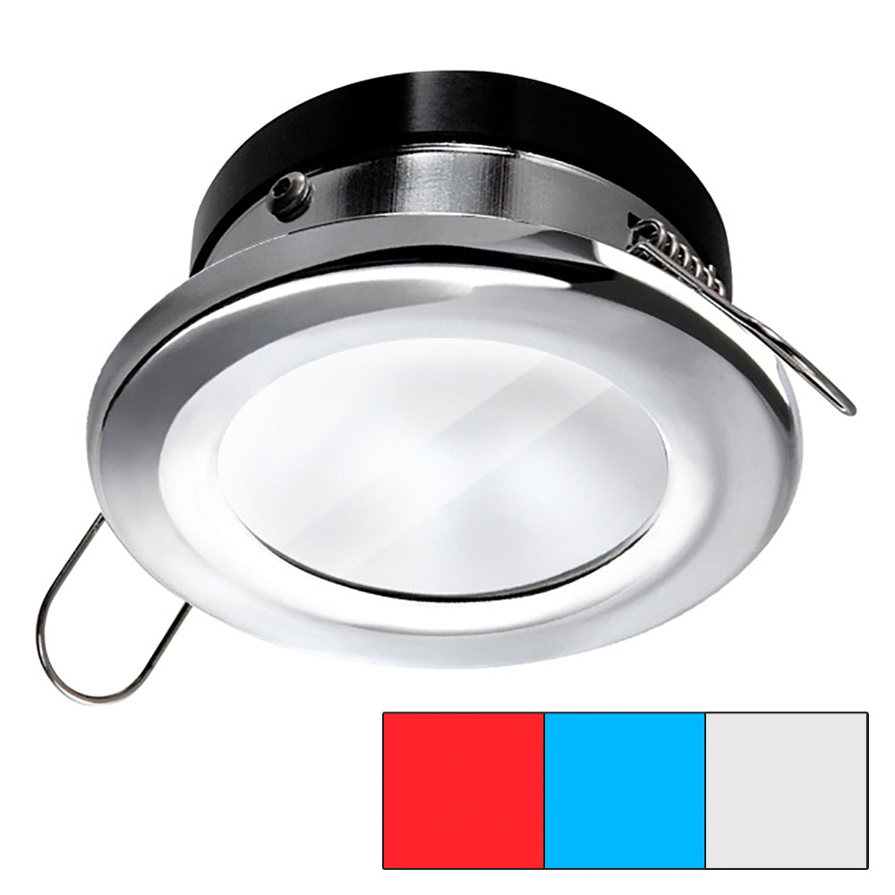 i2Systems Apeiron A1120 spring mount dome down light in polished chrome with red, cool white, and blue LED options.