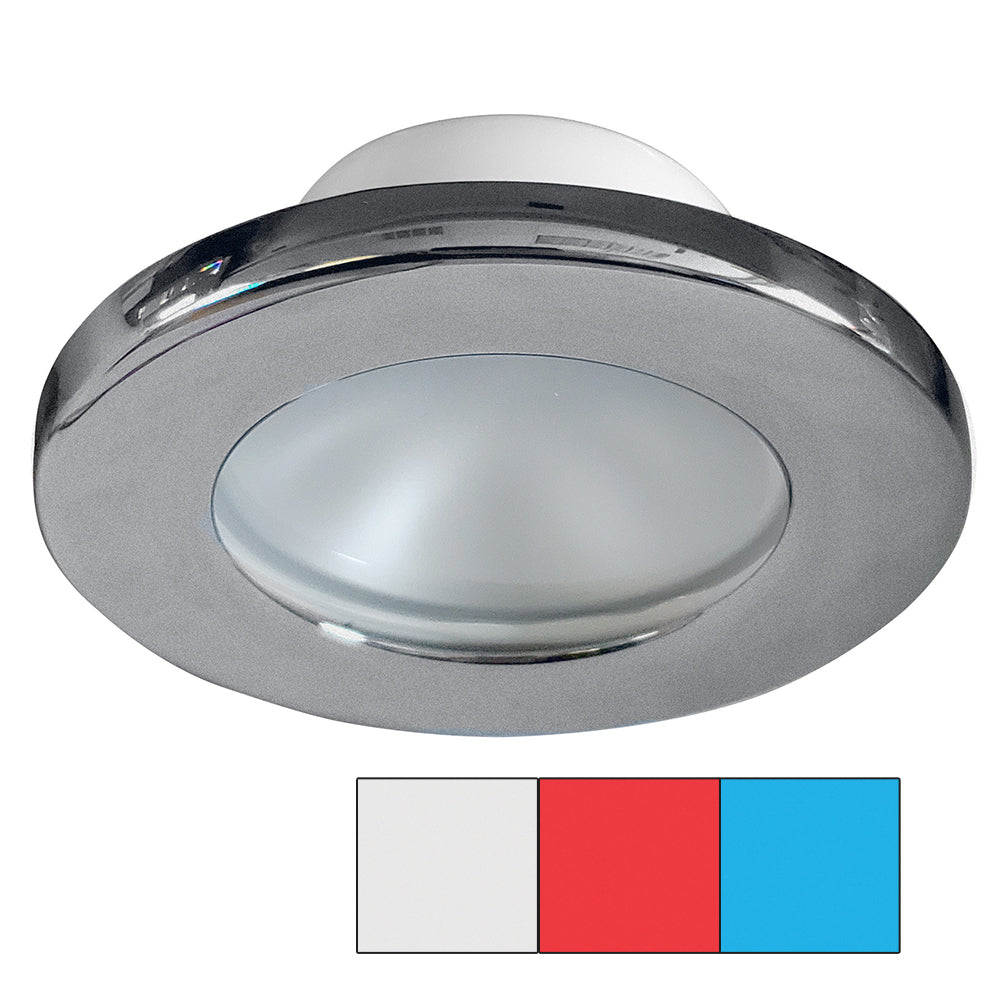 i2Systems Apeiron A3120 screw mount dome down light in brushed nickel finish with red, cool white, and blue LED illumination.