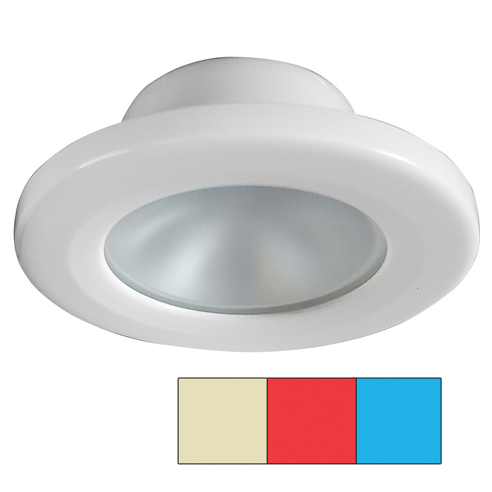 i2Systems Apeiron A3120 screw mount dome down light in white finish, showing red, warm white, and blue LED lighting options.