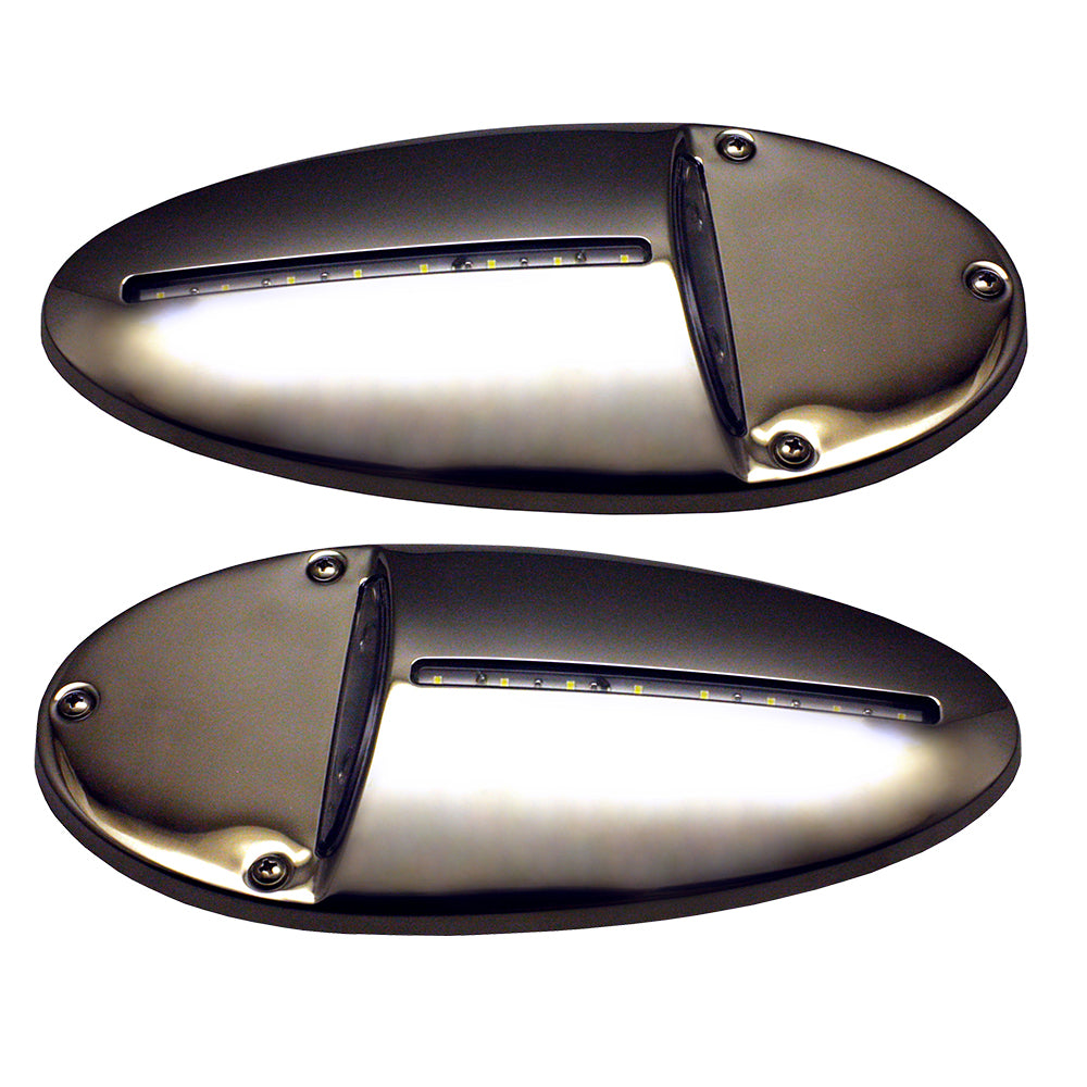 Pair of Innovative Lighting LED docking flood lights in mirrored stainless steel, designed for marine or outdoor use.