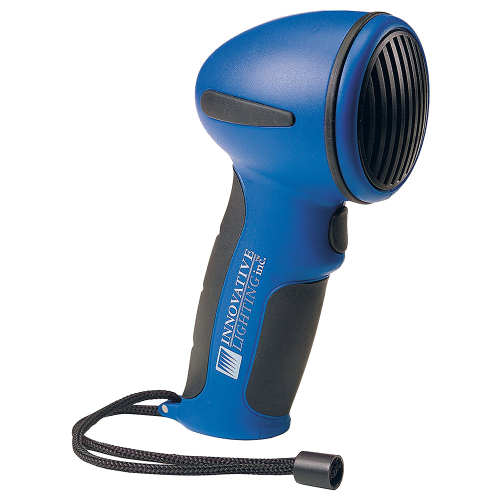 Blue handheld electric safety horn by Innovative Lighting, designed for alerting and signaling in safety situations.