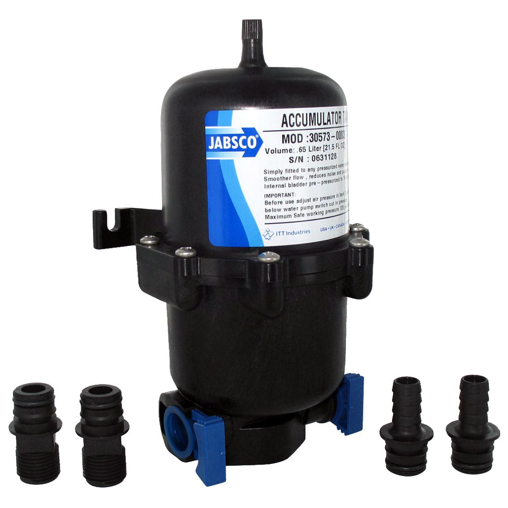 Jabsco .65L mini accumulator tank with internal bladder, compact water system accessory for pressure regulation.