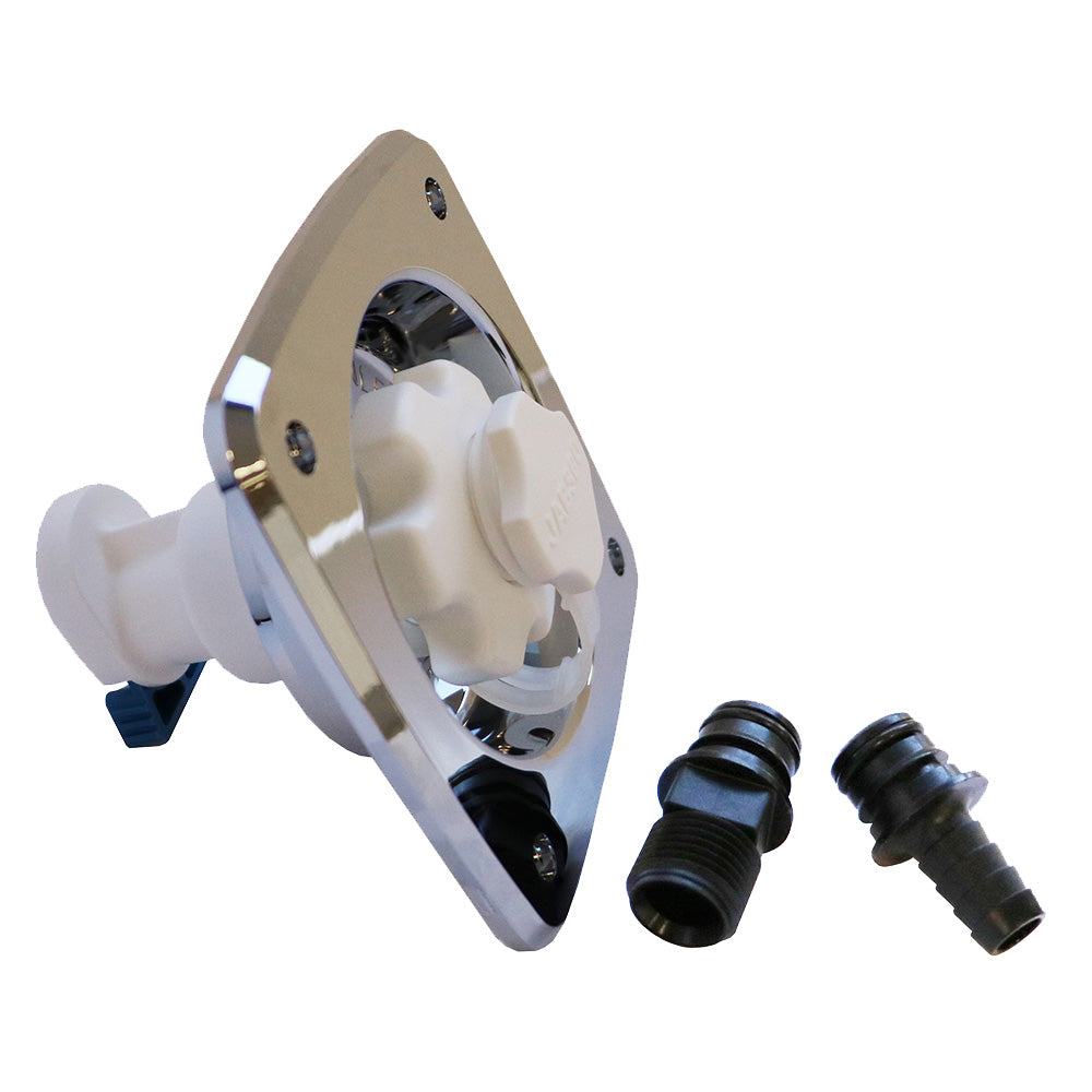 Chrome Jabsco water pressure regulator with flush mount, 45 psi, designed for plumbing accessories and water system control.
