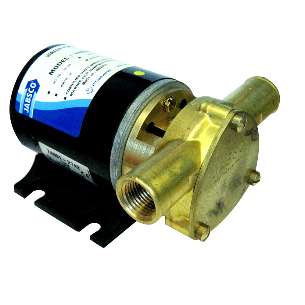Jabsco 12V Water Puppy bilge pump for boat bilge drainage, compact and reliable marine water pump in black and silver.
