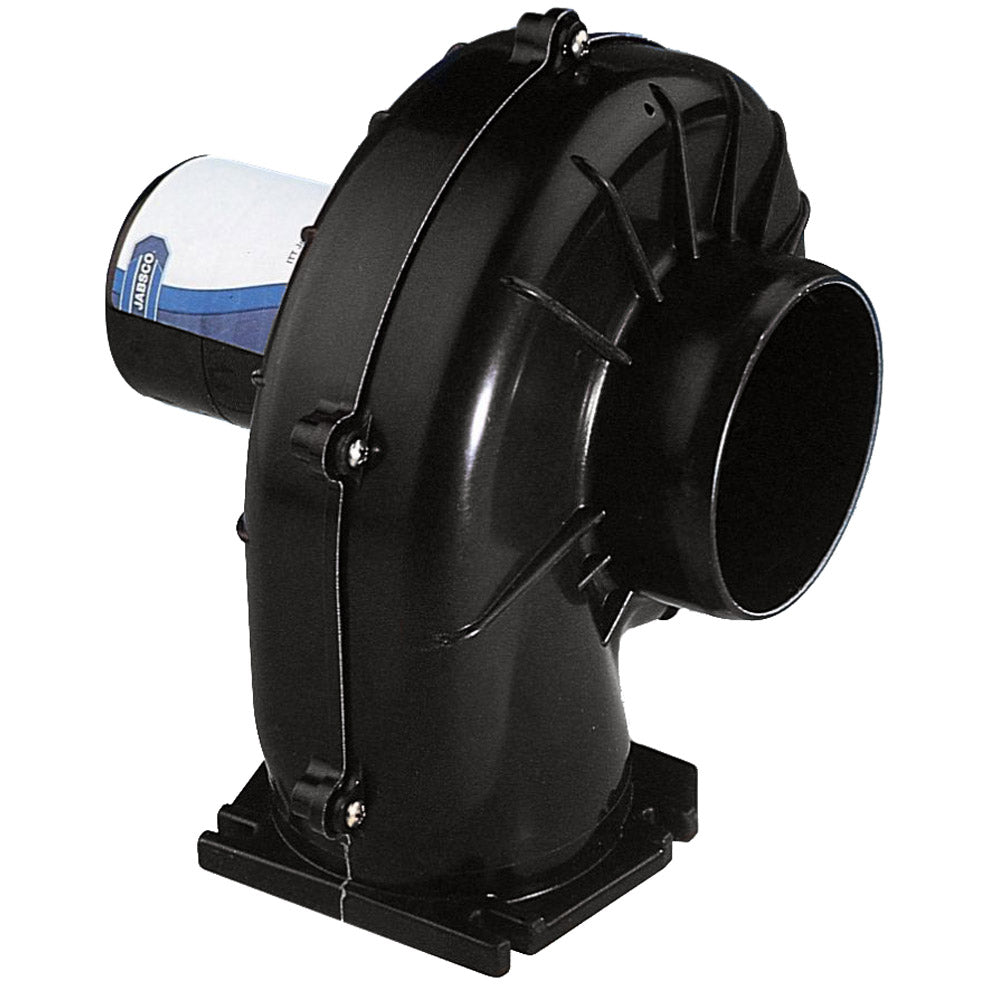 Jabsco 3-inch flangemount blower showing metal casing and inlet/outlet ports for 105 CFM airflow, 24V model.
