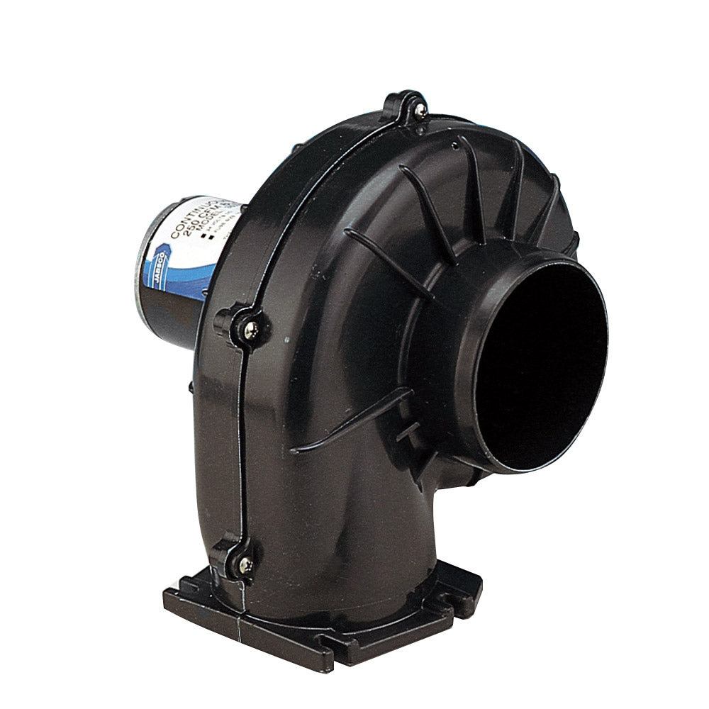 Jabsco 4-inch heavy-duty 250 CFM flangemount blower for 12V ventilation systems, shown in a close-up image.