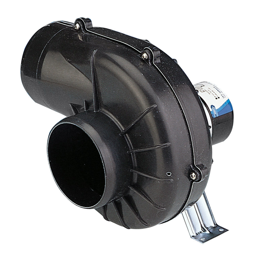 Jabsco 4-inch 250 CFM Flexmount blower for 12V systems, shown in a compact industrial design with mounting features.