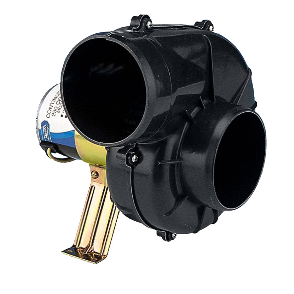 Jabsco 4-inch heavy-duty 250 CFM Flexmount blower for 12V systems, showing the durable industrial blower with mounting brackets.