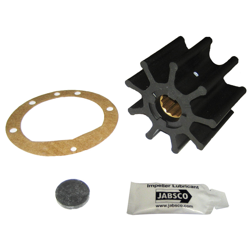 Jabsco 9-blade nitrile impeller kit with 3-3/4" diameter, 2-1/2" width, and 1" shaft for marine pump replacement.