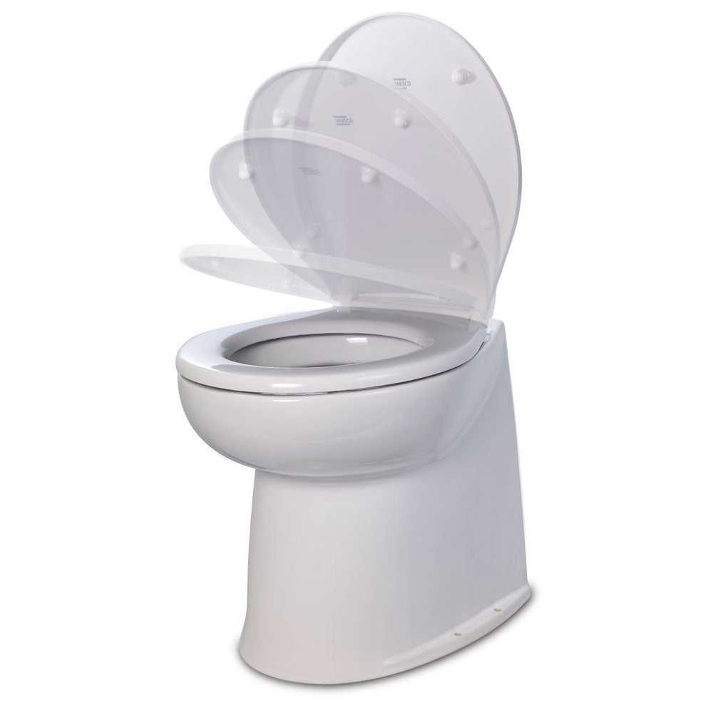 Jabsco 17-inch Deluxe Flush Fresh Water Electric Marine Toilet with soft-close lid, 12V, in a marine sanitation setting