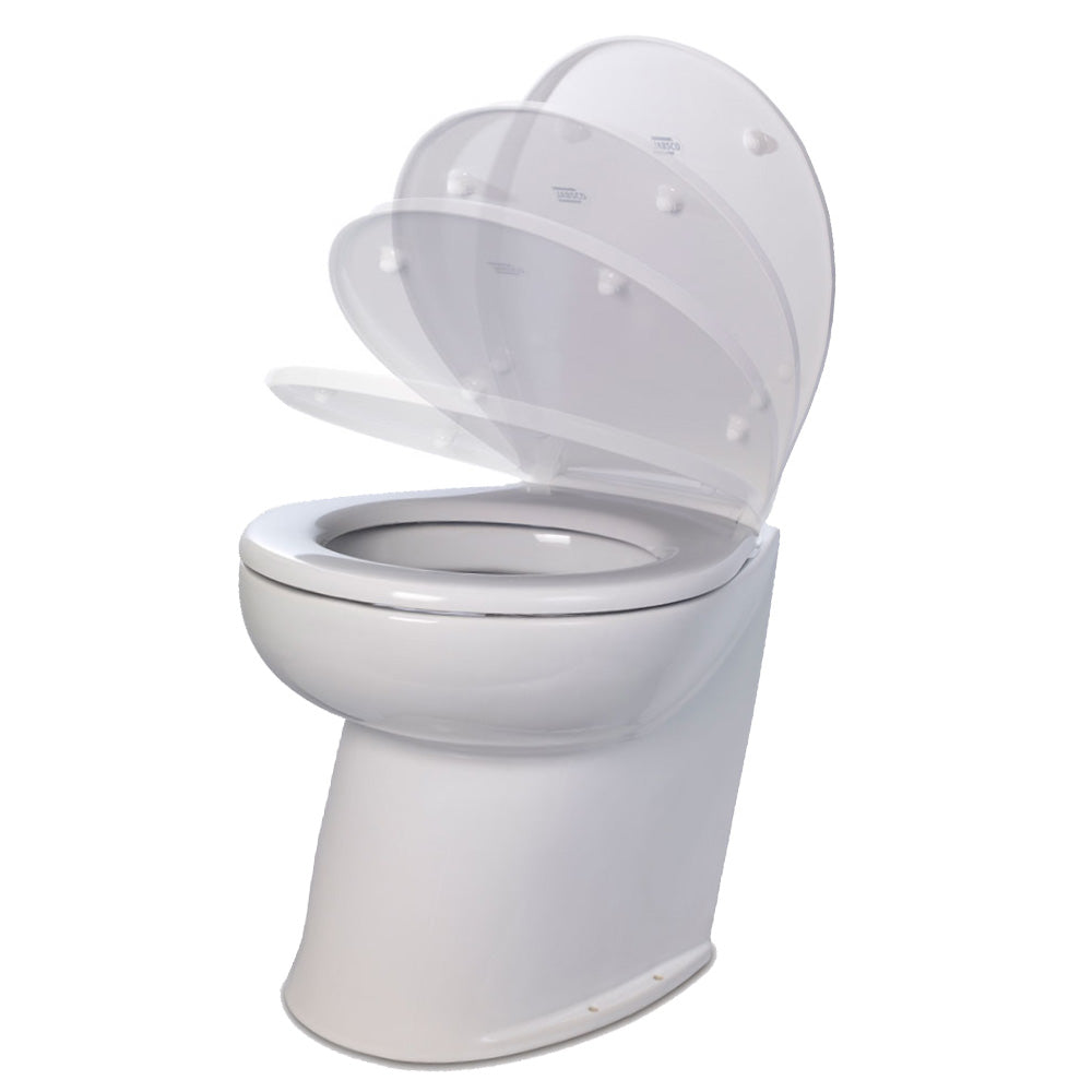 Jabsco Deluxe Flush 17-inch angled back 12V freshwater electric marine toilet with solenoid valve and soft-close lid.