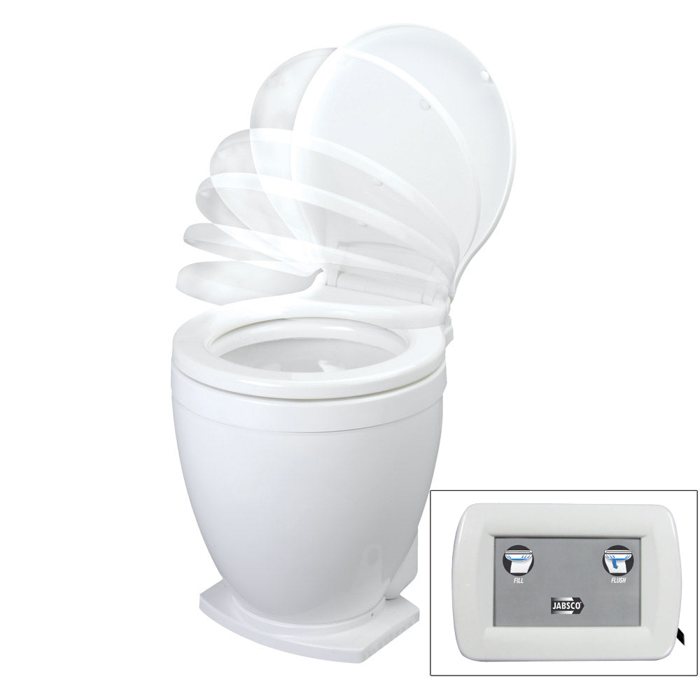Jabsco Lite Flush electric 12V marine toilet with control panel, compact marine sanitation system for boat bathrooms