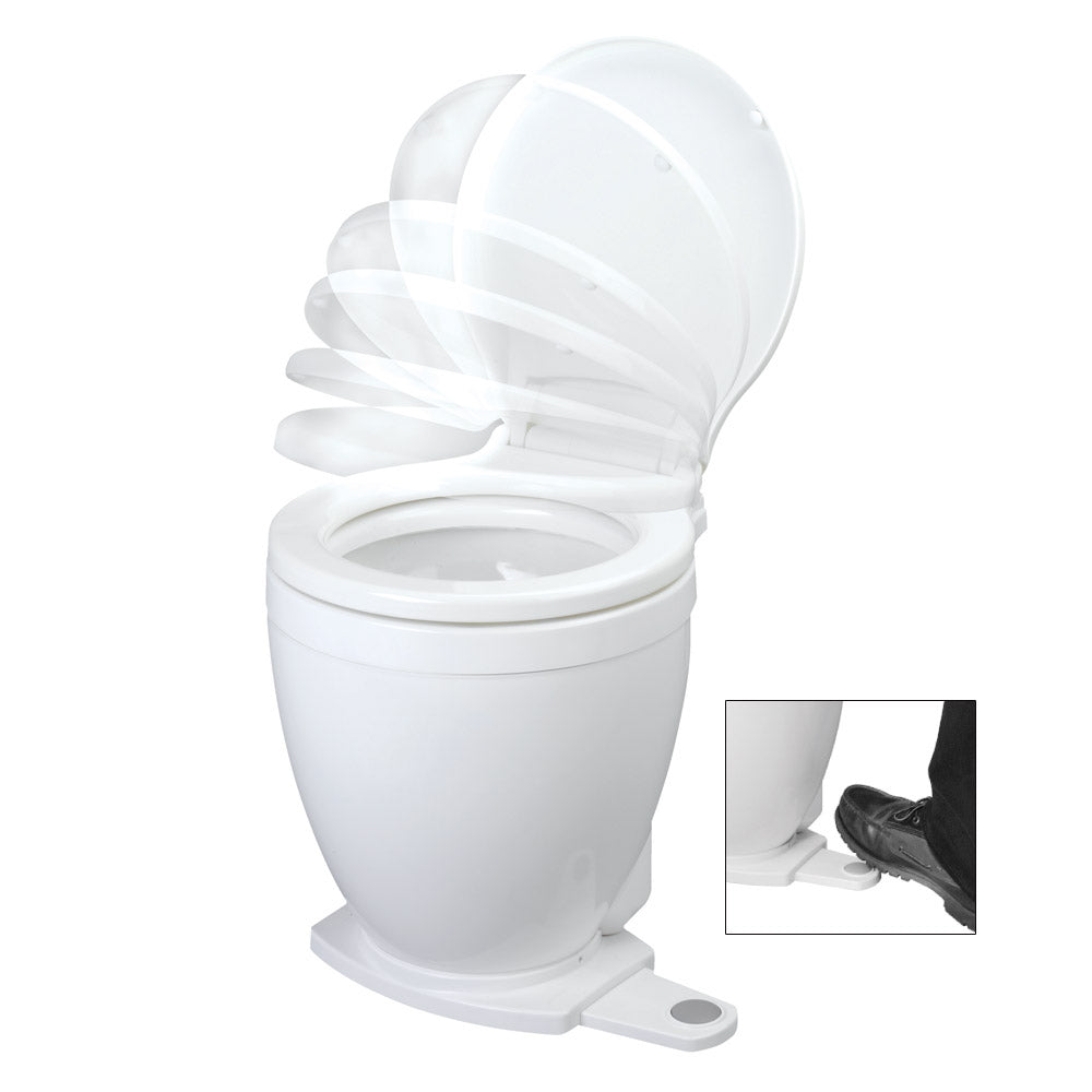 Jabsco Lite Flush electric 12V marine toilet with footswitch, compact marine sanitation system, white ceramic bowl, and control panel