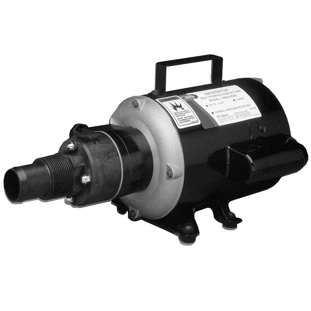 Jabsco marine sanitation macerator pump, 115V, designed for waste management in boats with visible pump and wiring in the image.