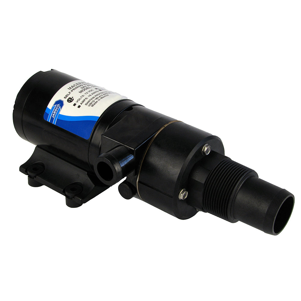 Jabsco 12V Sealed Macerator Self-Priming Pump for marine sanitation system, compact and durable marine pump with brand logo visible