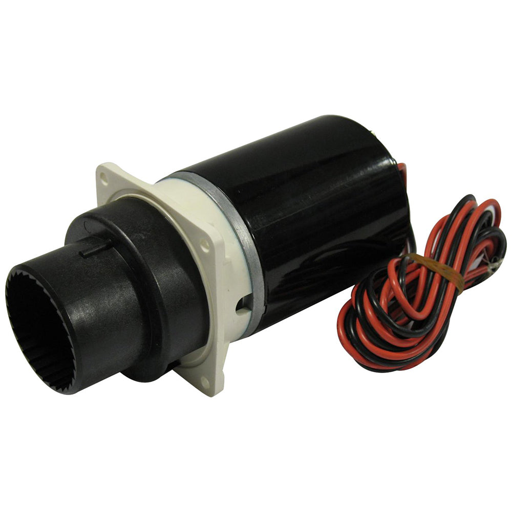 Jabsco 24V QF/DS marine waste pump assembly for sanitation systems, shown in a close-up view with hoses and components.