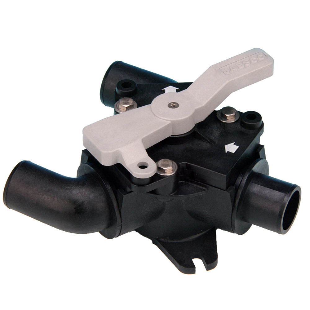 Jabsco marine sanitation Y-valve for plumbing system, made of durable plastic, with lever handle and inlet/outlet ports.