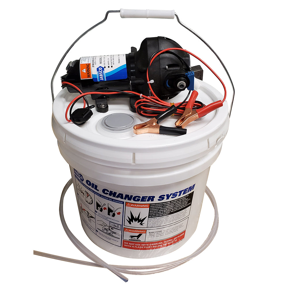 Jabsco DIY oil change system with pump and 3.5-gallon bucket for easy marine oil maintenance.
