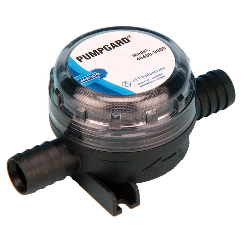 Jabsco Pumpgard in-line strainer with 3/4-inch barb, low profile design for strainers and baskets in water systems.