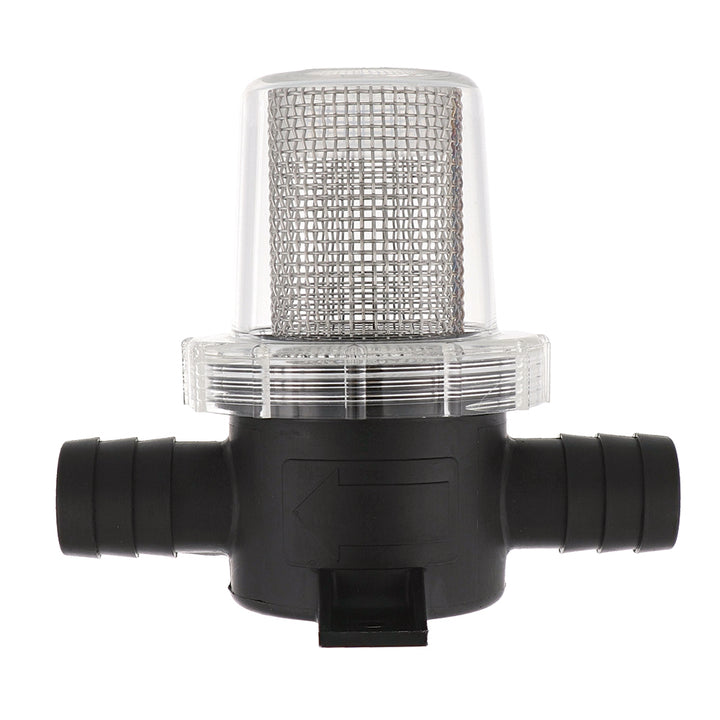 Jabsco Pumpgard in-line strainer with 3/4 inch hose and 40 mesh filter for marine or industrial fluid filtration.