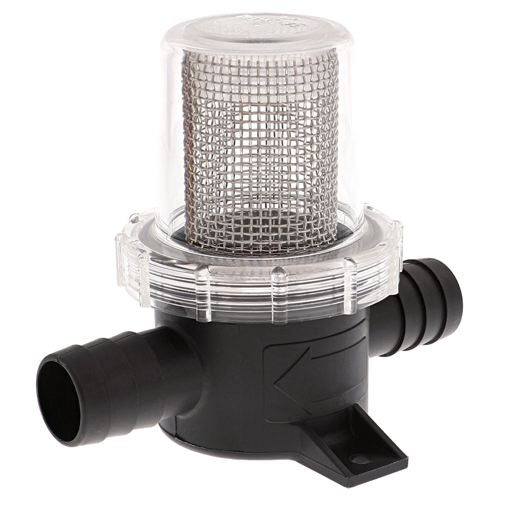 Jabsco Pumpgard in-line strainer with 3/4 inch hose connection and 40 mesh filter for marine water filtration.