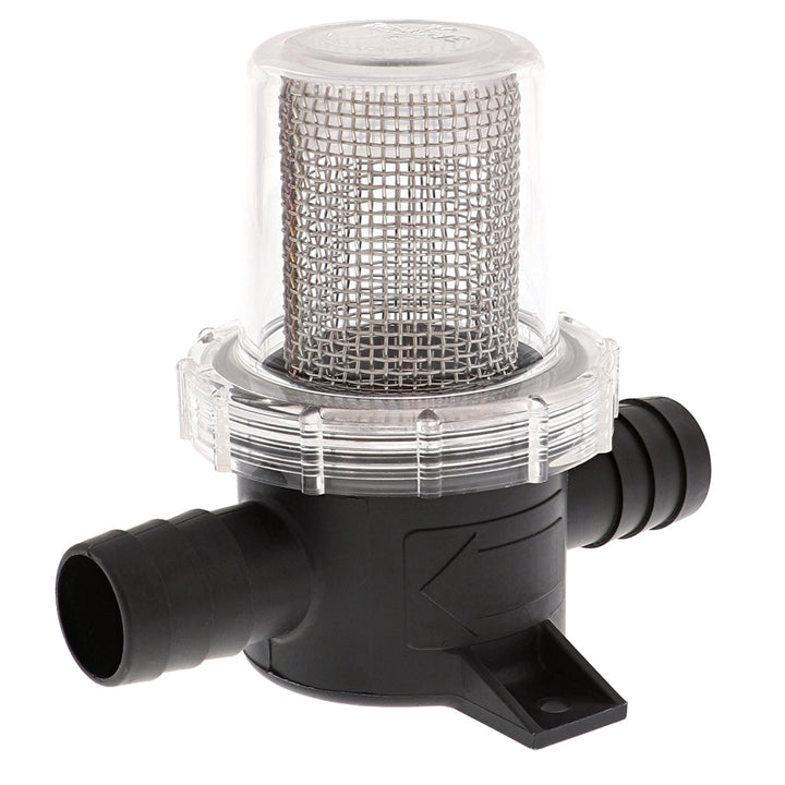 Jabsco Pumpgard in-line strainer with 3/4 inch hose connection and 40 mesh filter for marine water filtration.