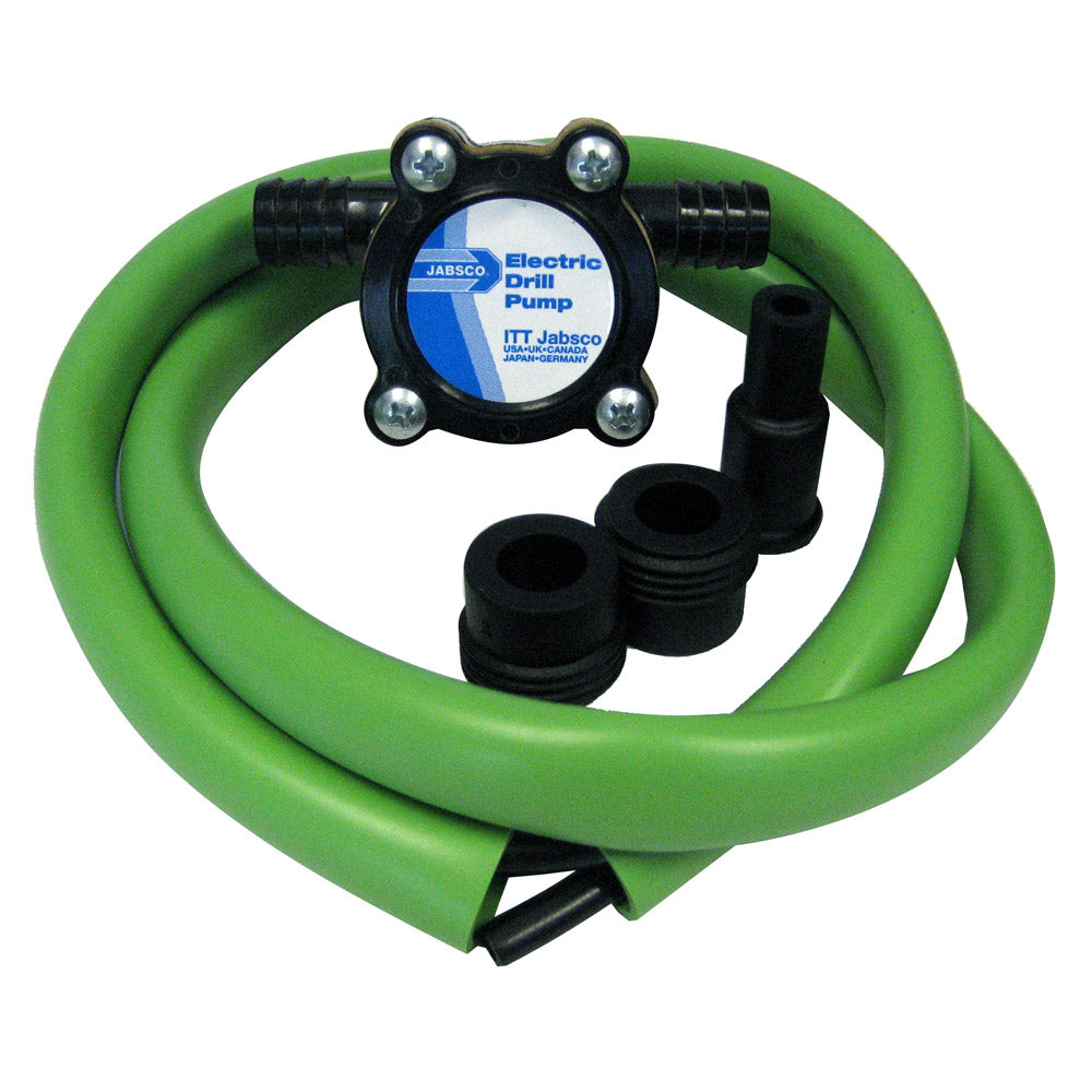 Jabsco Drill Pump Kit with hose for transferring liquids, featuring a compact drill-powered pump for easy fluid transfer.